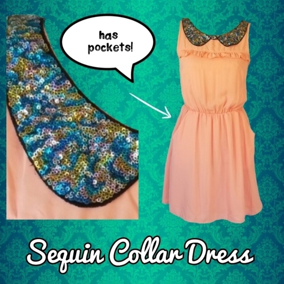 Retro Sequin Collar Dress Vintage Pastel Orange - Picture 2 of 6